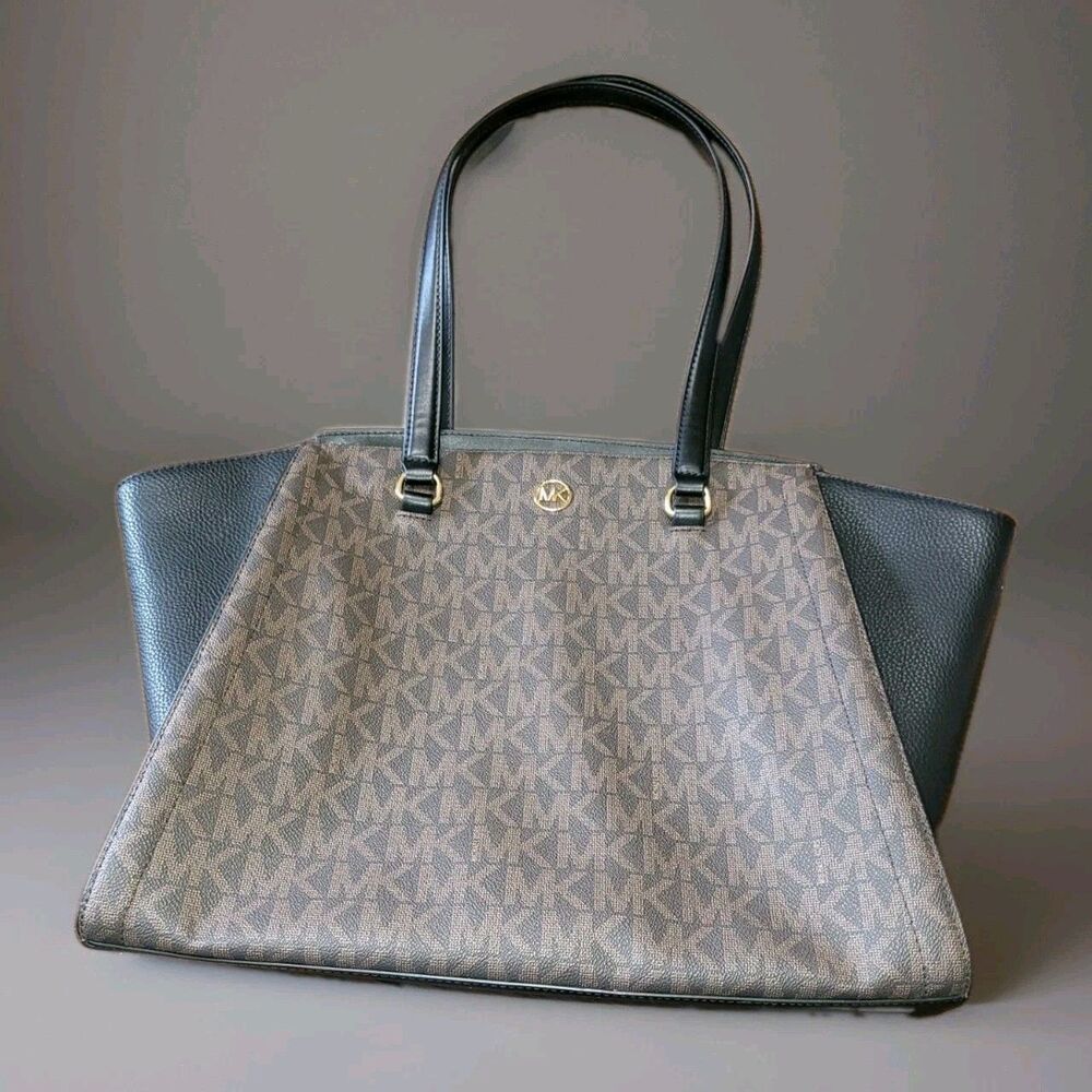NWT Michael Kors Chantal Large Logo Tote Bag Brown Black Signature Leather Purse